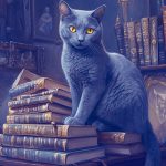 A Russian Blue cat sitting on a stack of books in a gloomy office