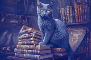 A Russian Blue cat sitting on a stack of books in a gloomy office