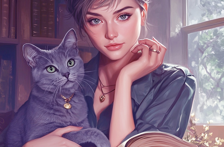 A gray cat cuddling his author servant