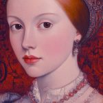 AI Portrait of Mary Tudor, with her traditional red hair and brown eyes.
