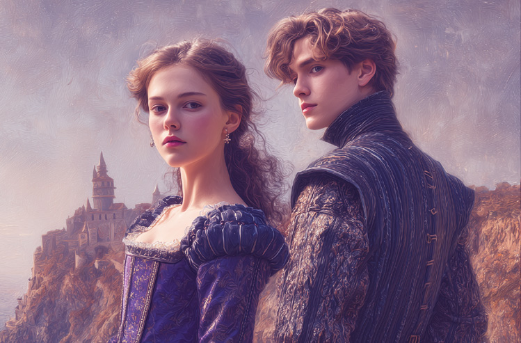The seamstress Eda and young Tristan in Tudor England on the coast