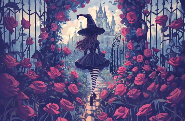 a witch entering a castle to enchant it