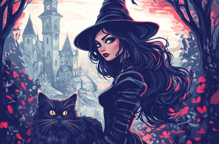 a brunette witch with her cat, after she has cast a spell on the castle