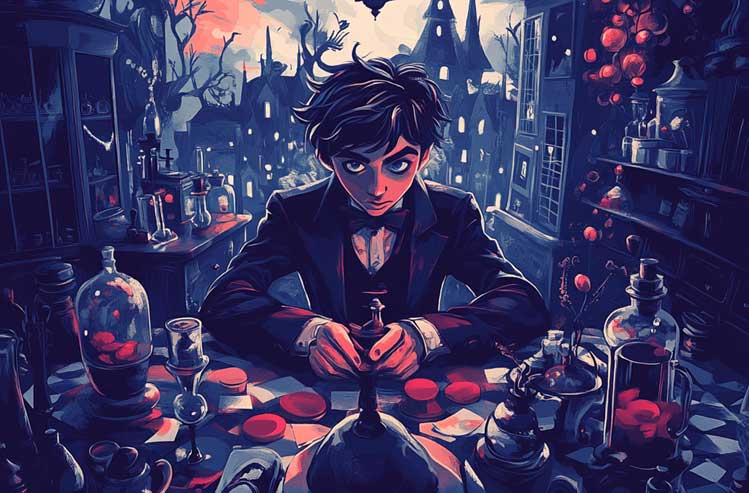 a young mad scientist in his laboratory in a fairy tale realm