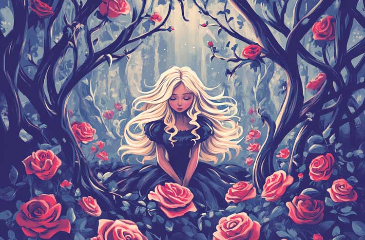 a blonde fairy tale princess / witch in a rose garden